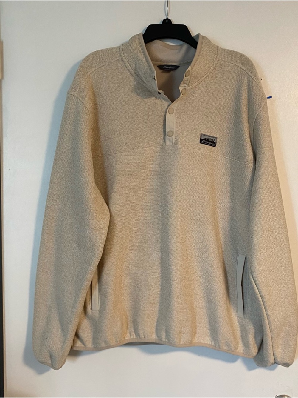Eddie Bauer Sweater Fleece Pullover Mens XL Quarter Snap Kangaroo Pocket Oatmeal